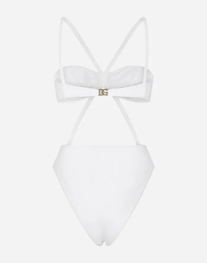 Dolce and Gabbana Beachwear Women Onepiece Swimsuit With DG Logo And Laces White Dolce and Gabbana Beachwear Women Onepiece Swimsuit With DG Logo And Laces White