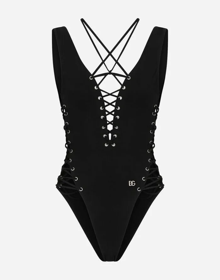 Dolce and Gabbana Beachwear Women Onepiece Swimsuit With Plunging Neckline And Lacing And Eyelets Black Dolce and Gabbana Beachwear Women Onepiece Swimsuit With Plunging Neckline And Lacing And Eyelets Black