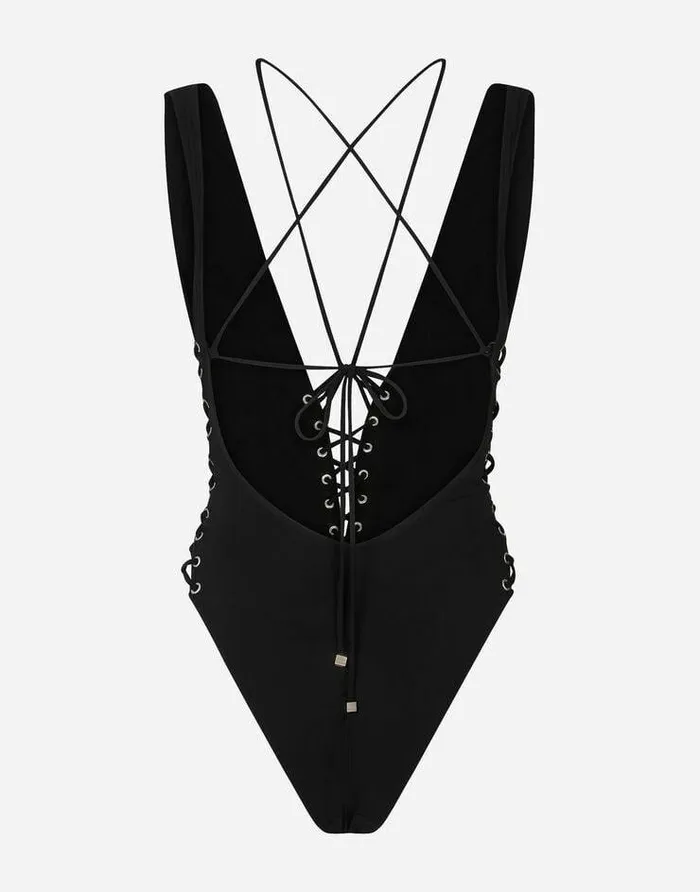 Dolce and Gabbana Beachwear Women Onepiece Swimsuit With Plunging Neckline And Lacing And Eyelets Black Dolce and Gabbana Beachwear Women Onepiece Swimsuit With Plunging Neckline And Lacing And Eyelets Black