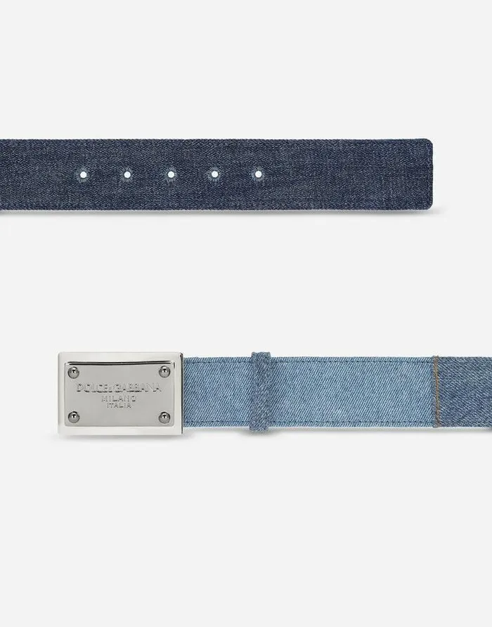 Dolce and Gabbana Belts Men Patchwork Denim Belt With Logo Tag Blue Dolce and Gabbana Belts Men Patchwork Denim Belt With Logo Tag Blue