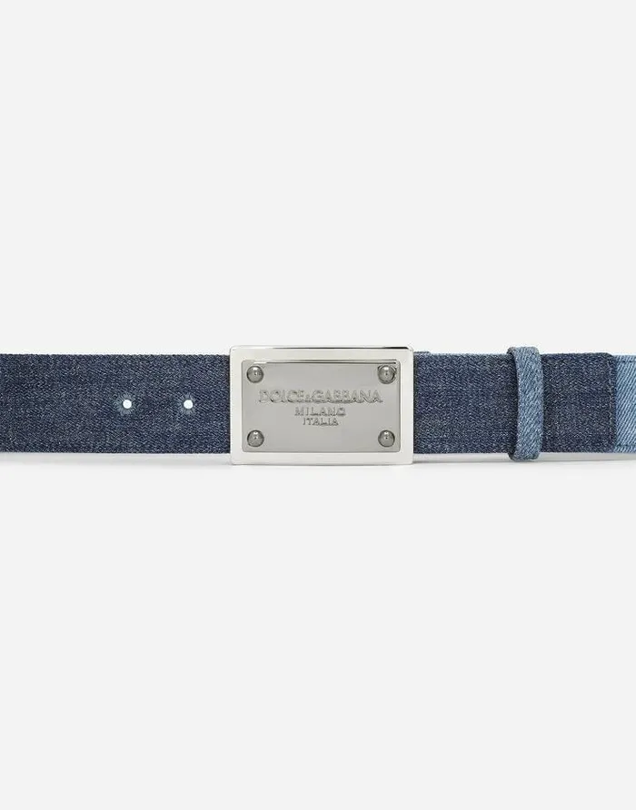 Dolce and Gabbana Belts Men Patchwork Denim Belt With Logo Tag Blue Dolce and Gabbana Belts Men Patchwork Denim Belt With Logo Tag Blue