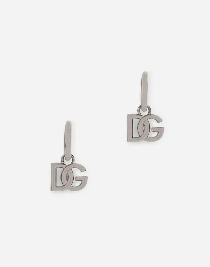 Dolce and Gabbana Bijoux Men Hoop Earrings With DG Logo Pendants Silver
