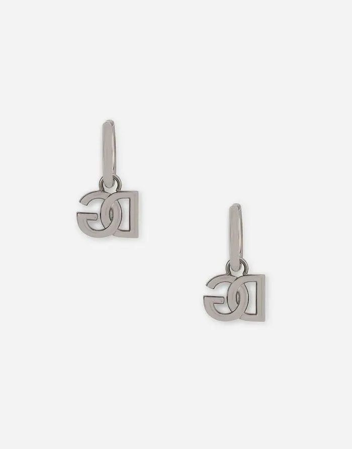 Dolce and Gabbana Bijoux Men Hoop Earrings With DG Logo Pendants Silver Dolce and Gabbana Bijoux Men Hoop Earrings With DG Logo Pendants Silver