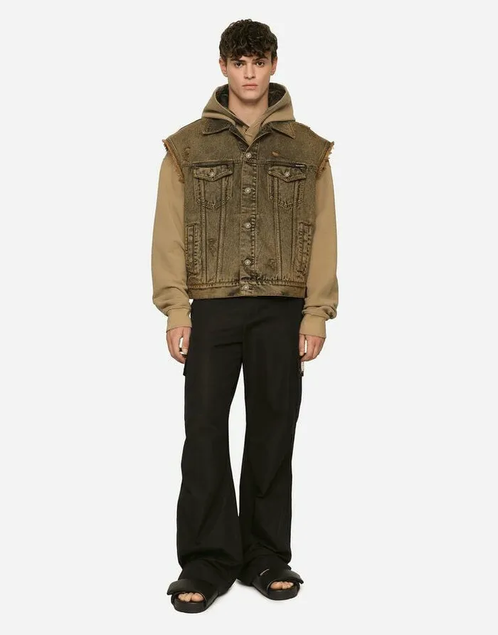 Dolce and Gabbana Coats And Jackets Men Overdyed Sleeveless Denim Jacket Multicolor Dolce and Gabbana Coats And Jackets Men Overdyed Sleeveless Denim Jacket Multicolor