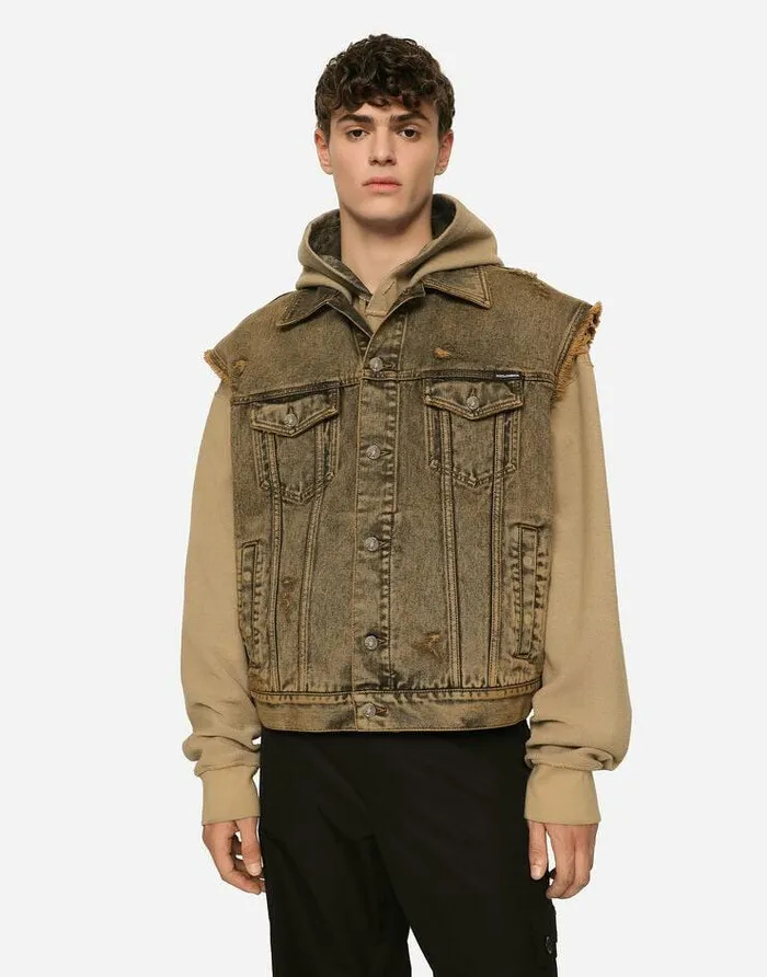 Dolce and Gabbana Coats And Jackets Men Overdyed Sleeveless Denim Jacket Multicolor Dolce and Gabbana Coats And Jackets Men Overdyed Sleeveless Denim Jacket Multicolor