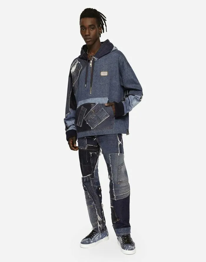 Dolce and Gabbana Coats And Jackets Men Stretch Patchwork Denim Hoodie Multicolor Dolce and Gabbana Coats And Jackets Men Stretch Patchwork Denim Hoodie Multicolor