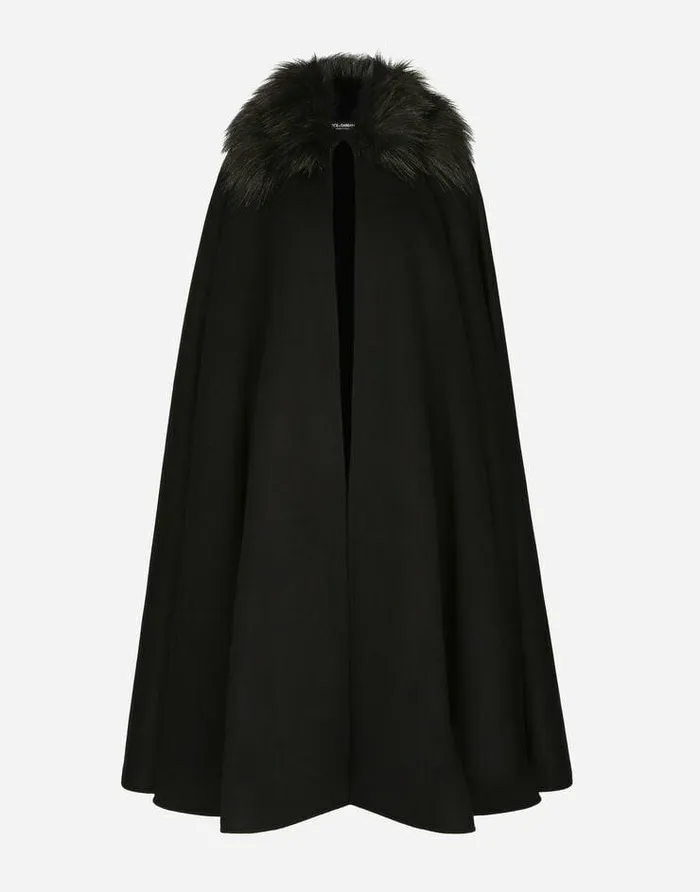 Dolce and Gabbana Coats And Jackets Women Cape With Faux Fur Collar Black