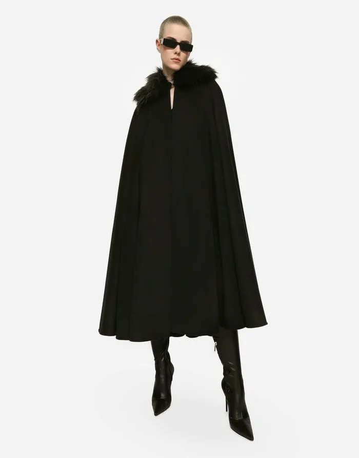 Dolce and Gabbana Coats And Jackets Women Cape With Faux Fur Collar Black Dolce and Gabbana Coats And Jackets Women Cape With Faux Fur Collar Black