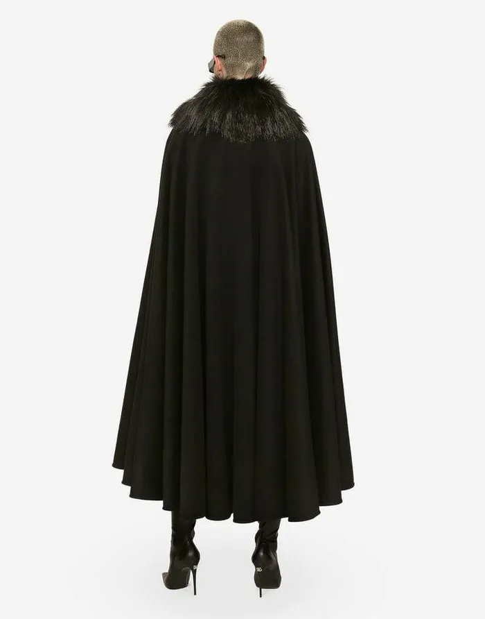 Dolce and Gabbana Coats And Jackets Women Cape With Faux Fur Collar Black Dolce and Gabbana Coats And Jackets Women Cape With Faux Fur Collar Black