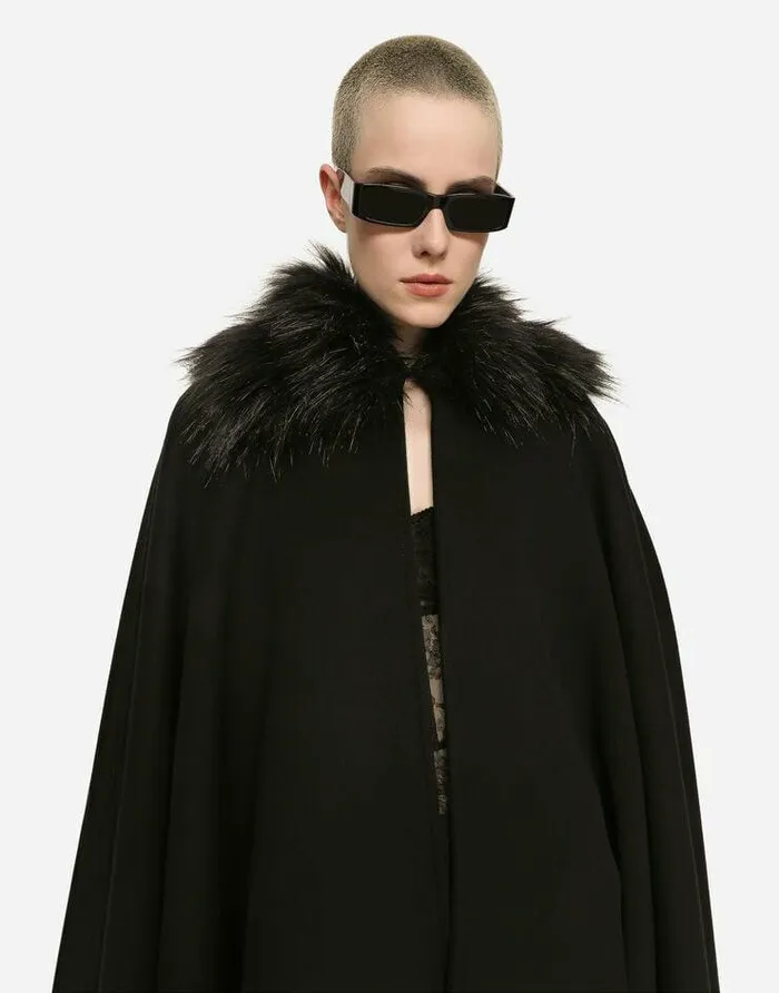 Dolce and Gabbana Coats And Jackets Women Cape With Faux Fur Collar Black Dolce and Gabbana Coats And Jackets Women Cape With Faux Fur Collar Black