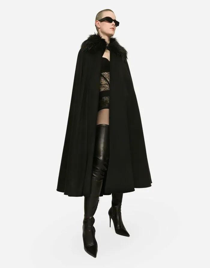 Dolce and Gabbana Coats And Jackets Women Cape With Faux Fur Collar Black Dolce and Gabbana Coats And Jackets Women Cape With Faux Fur Collar Black