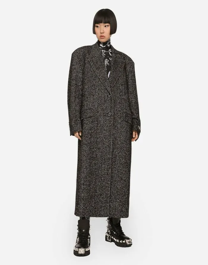 Dolce and Gabbana Coats And Jackets Women Oversize Herringbone Coat With Halfbelt Multicolor Dolce and Gabbana Coats And Jackets Women Oversize Herringbone Coat With Halfbelt Multicolor