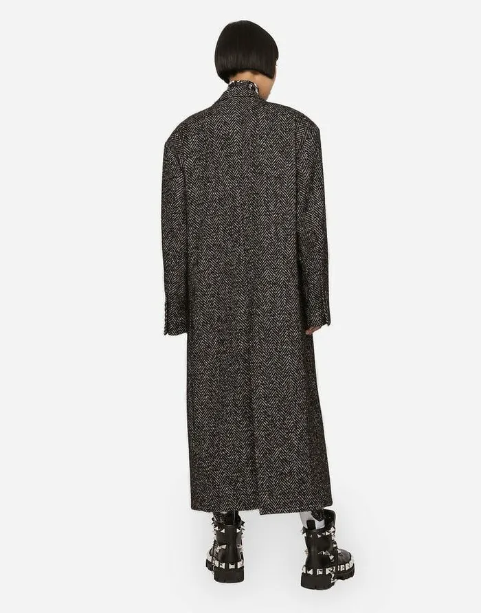 Dolce and Gabbana Coats And Jackets Women Oversize Herringbone Coat With Halfbelt Multicolor Dolce and Gabbana Coats And Jackets Women Oversize Herringbone Coat With Halfbelt Multicolor