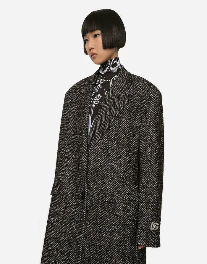 Dolce and Gabbana Coats And Jackets Women Oversize Herringbone Coat With Halfbelt Multicolor Dolce and Gabbana Coats And Jackets Women Oversize Herringbone Coat With Halfbelt Multicolor