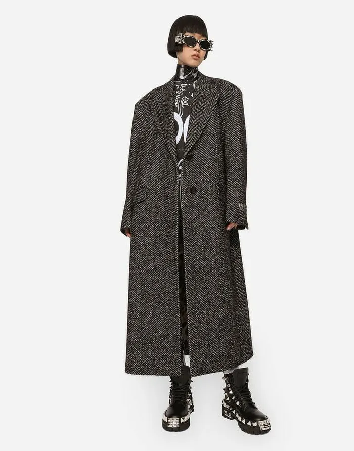 Dolce and Gabbana Coats And Jackets Women Oversize Herringbone Coat With Halfbelt Multicolor Dolce and Gabbana Coats And Jackets Women Oversize Herringbone Coat With Halfbelt Multicolor
