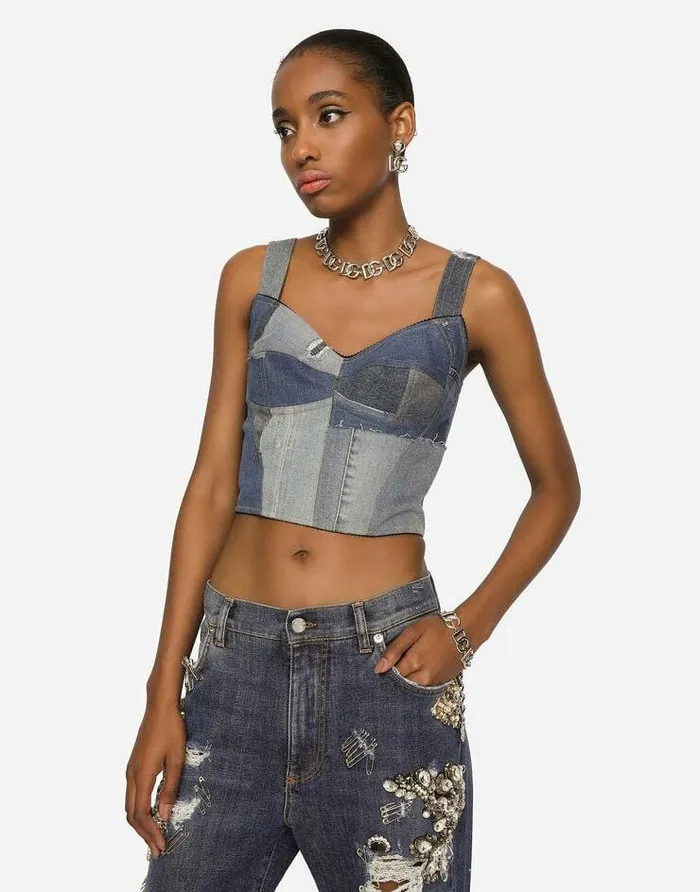 Dolce and Gabbana Denim Women Patchwork Denim Corset Multicolor Dolce and Gabbana Denim Women Patchwork Denim Corset Multicolor