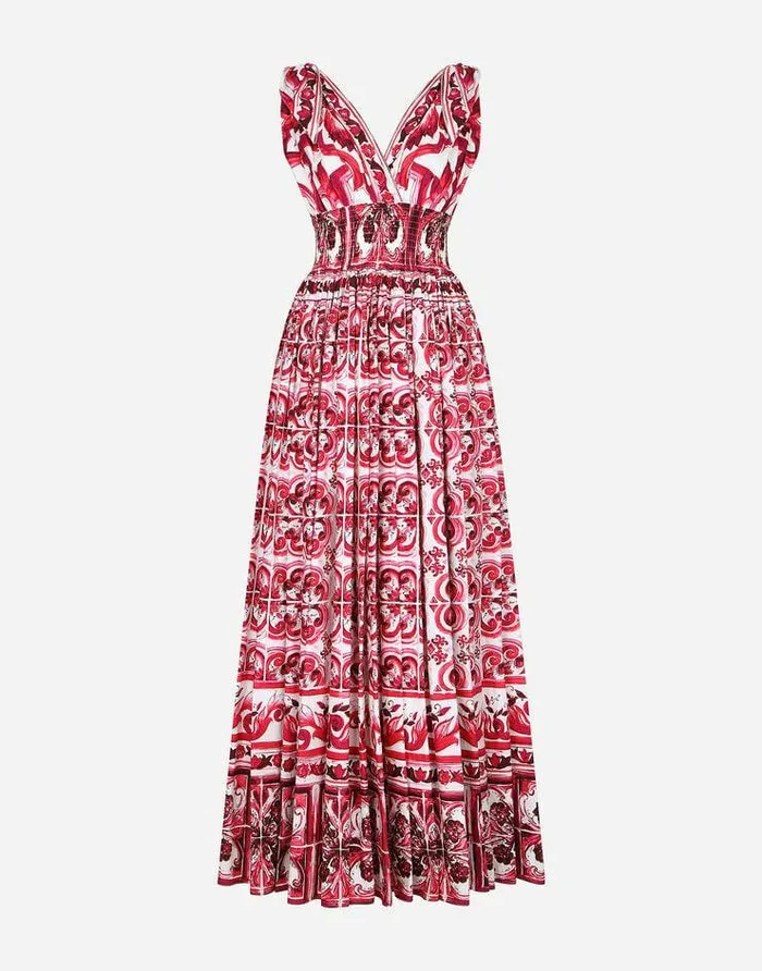 Dolce and Gabbana Dresses Women Long Majolicaprint Poplin Dress Multicolor