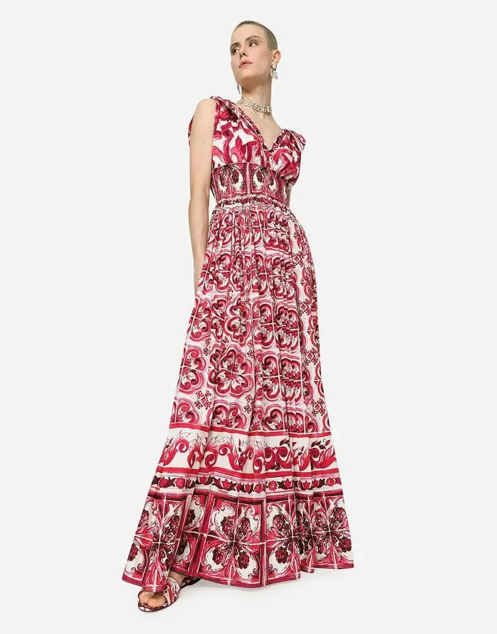 Dolce and Gabbana Dresses Women Long Majolicaprint Poplin Dress Multicolor Dolce and Gabbana Dresses Women Long Majolicaprint Poplin Dress Multicolor
