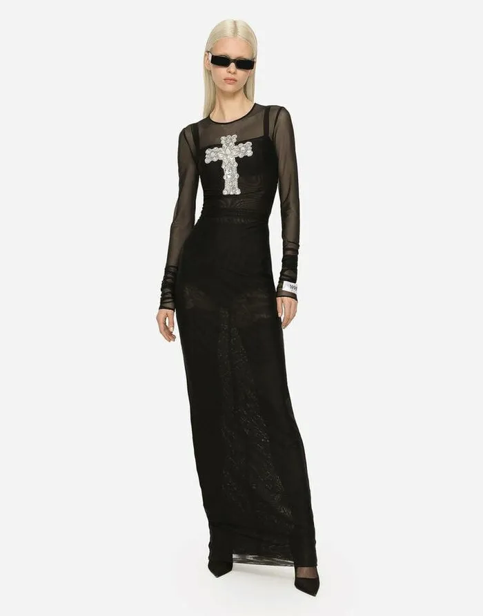 Dolce and Gabbana Dresses Women Long Tulle Dress With Rhinestone Cross Embellishment Black Dolce and Gabbana Dresses Women Long Tulle Dress With Rhinestone Cross Embellishment Black