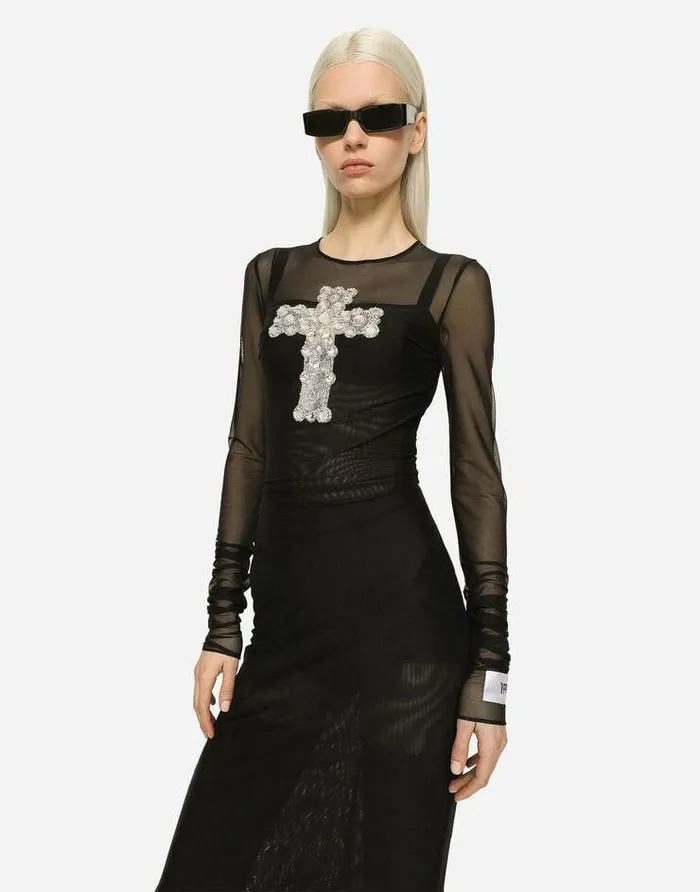Dolce and Gabbana Dresses Women Long Tulle Dress With Rhinestone Cross Embellishment Black Dolce and Gabbana Dresses Women Long Tulle Dress With Rhinestone Cross Embellishment Black