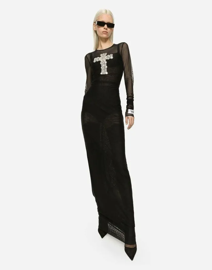 Dolce and Gabbana Dresses Women Long Tulle Dress With Rhinestone Cross Embellishment Black Dolce and Gabbana Dresses Women Long Tulle Dress With Rhinestone Cross Embellishment Black