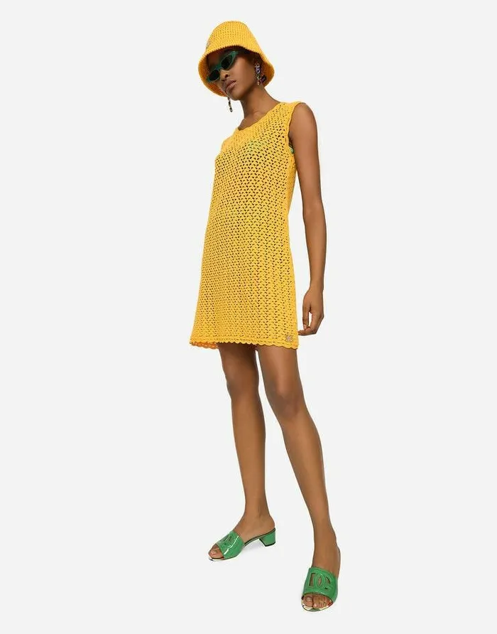 Dolce and Gabbana Dresses Women Short Sleeveless Crochet Dress Yellow Dolce and Gabbana Dresses Women Short Sleeveless Crochet Dress Yellow