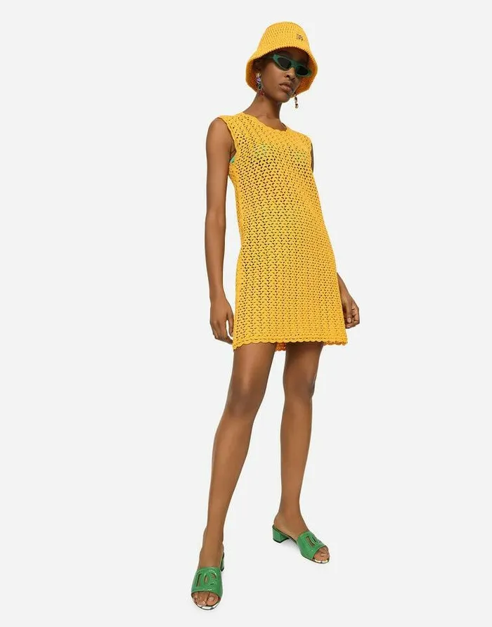 Dolce and Gabbana Dresses Women Short Sleeveless Crochet Dress Yellow Dolce and Gabbana Dresses Women Short Sleeveless Crochet Dress Yellow