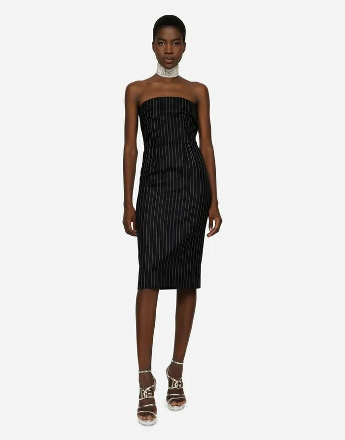 Dolce and Gabbana Dresses Women Woolen Fabric Pinstripe Midi Dress Black Dolce and Gabbana Dresses Women Woolen Fabric Pinstripe Midi Dress Black