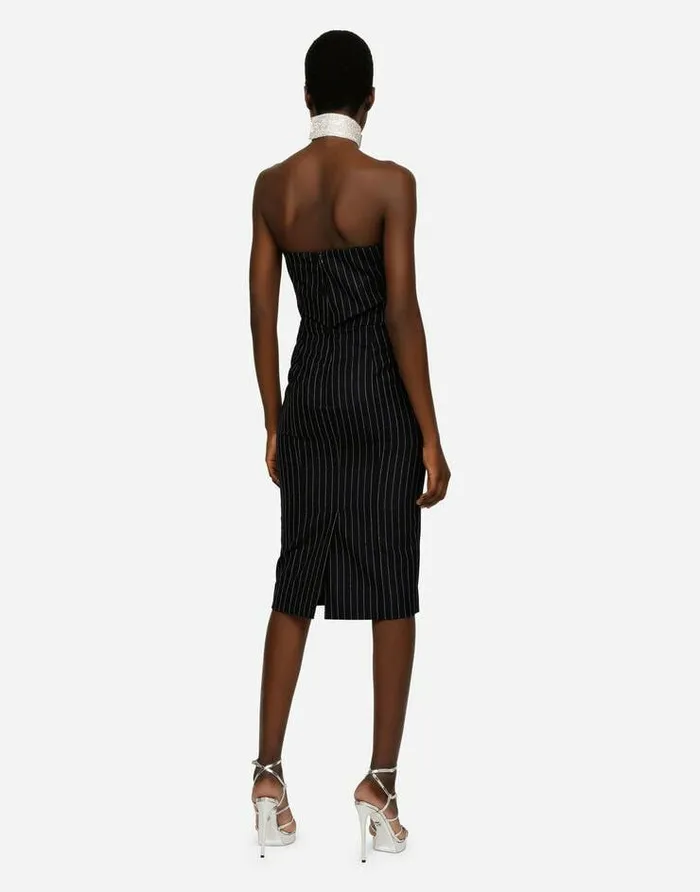 Dolce and Gabbana Dresses Women Woolen Fabric Pinstripe Midi Dress Black Dolce and Gabbana Dresses Women Woolen Fabric Pinstripe Midi Dress Black