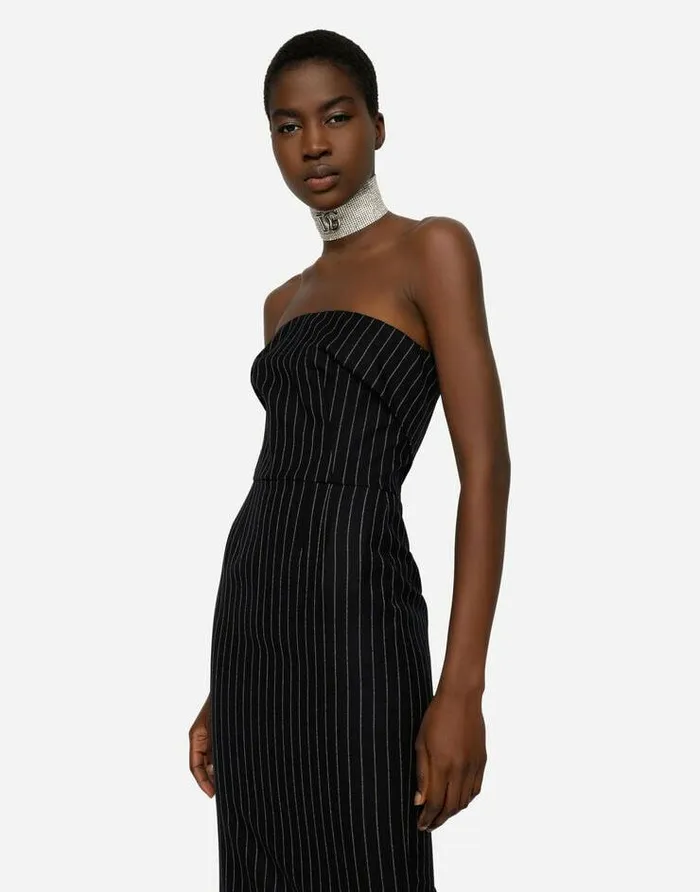 Dolce and Gabbana Dresses Women Woolen Fabric Pinstripe Midi Dress Black Dolce and Gabbana Dresses Women Woolen Fabric Pinstripe Midi Dress Black