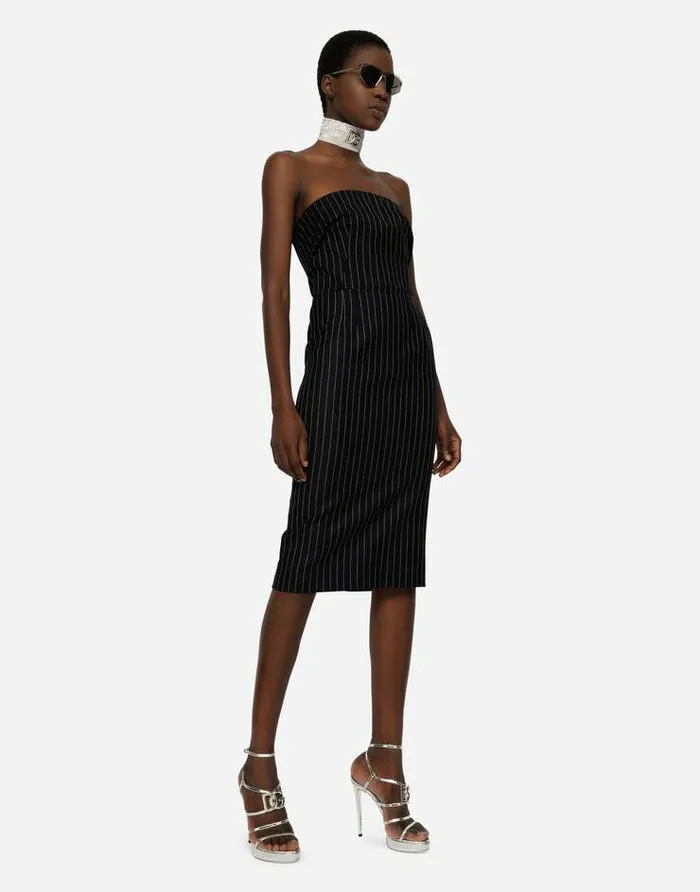 Dolce and Gabbana Dresses Women Woolen Fabric Pinstripe Midi Dress Black Dolce and Gabbana Dresses Women Woolen Fabric Pinstripe Midi Dress Black