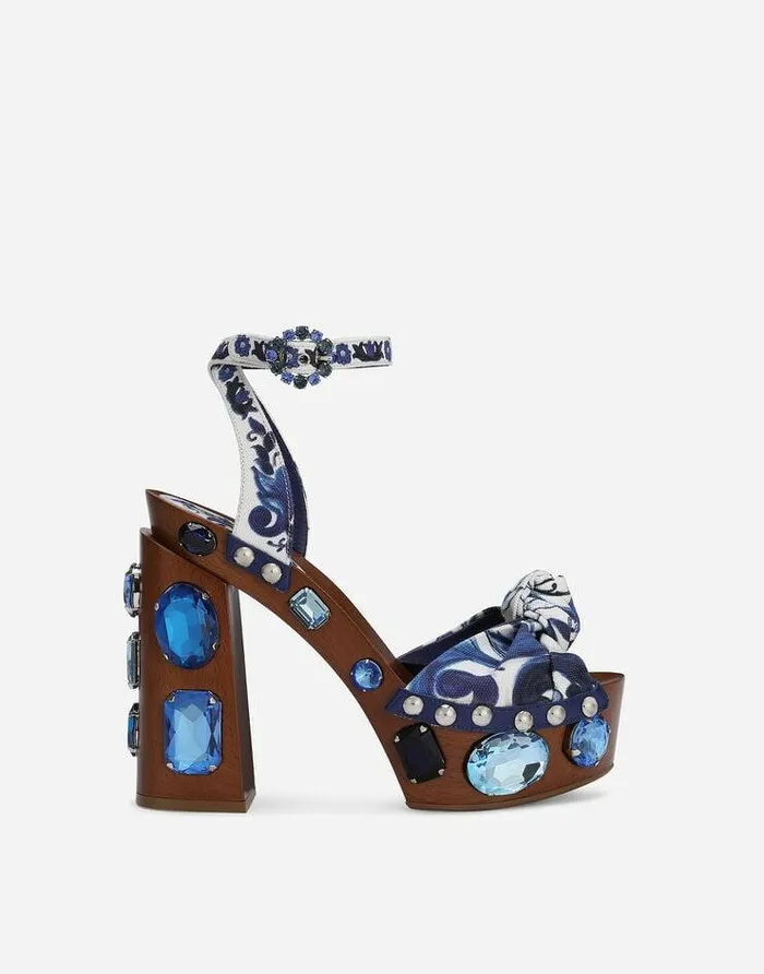 Dolce and Gabbana Sandals And Wedges Women Majolicaprint Canvas Wedge Sandals With Gemstones Multicolor Dolce and Gabbana Sandals And Wedges Women Majolicaprint Canvas Wedge Sandals With Gemstones Multicolor