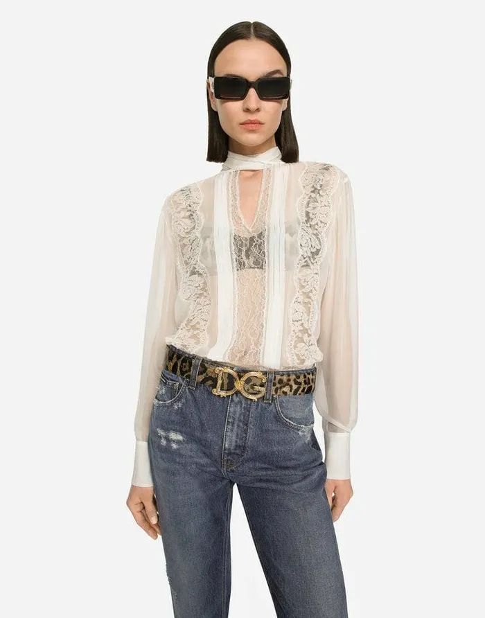 Dolce and Gabbana Shirts And Tops Women Chiffon And Lace Pussybow Blouse White Dolce and Gabbana Shirts And Tops Women Chiffon And Lace Pussybow Blouse White