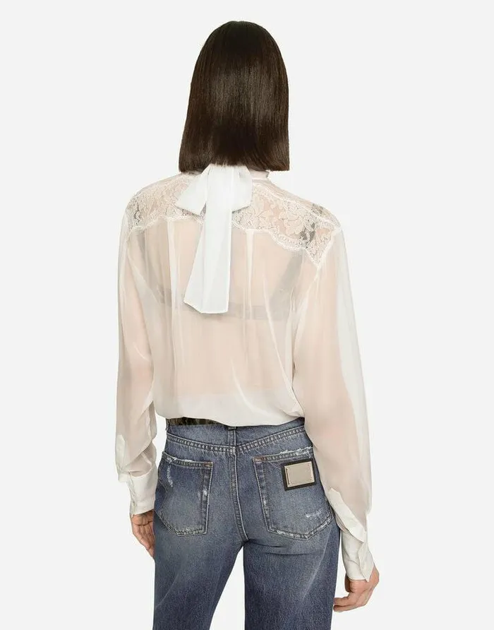 Dolce and Gabbana Shirts And Tops Women Chiffon And Lace Pussybow Blouse White Dolce and Gabbana Shirts And Tops Women Chiffon And Lace Pussybow Blouse White
