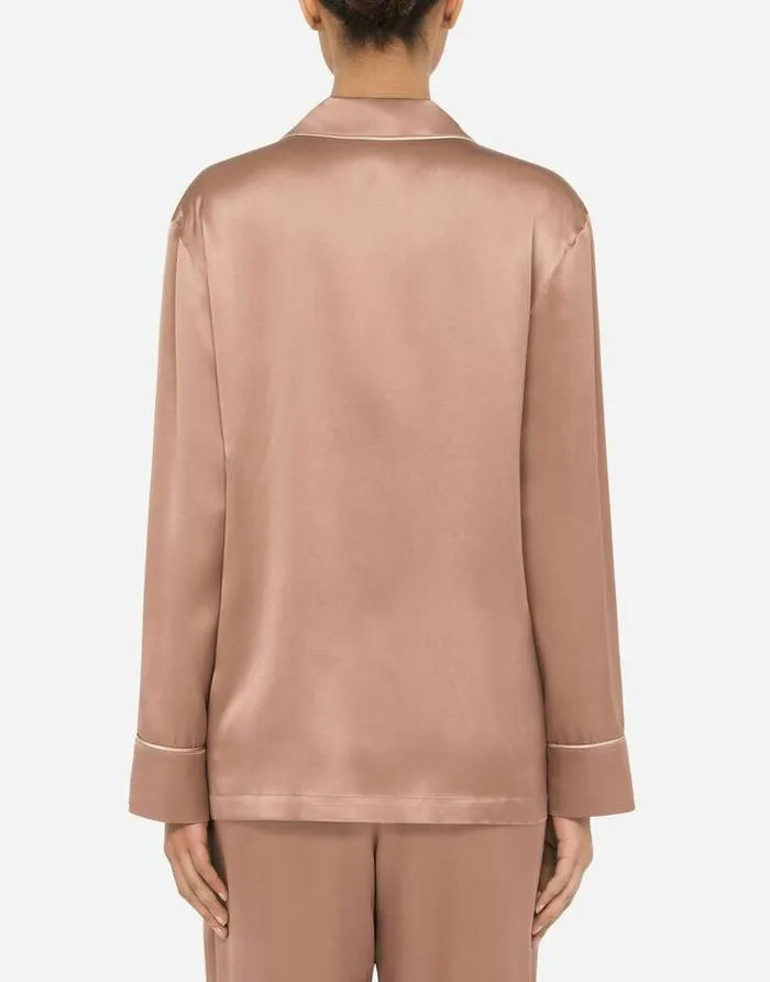 Dolce and Gabbana Shirts And Tops Women Satin Pajama Shirt With DG Embroidery Brown Dolce and Gabbana Shirts And Tops Women Satin Pajama Shirt With DG Embroidery Brown