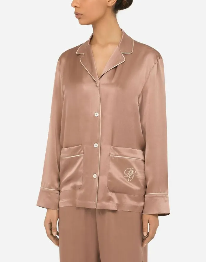 Dolce and Gabbana Shirts And Tops Women Satin Pajama Shirt With DG Embroidery Brown Dolce and Gabbana Shirts And Tops Women Satin Pajama Shirt With DG Embroidery Brown