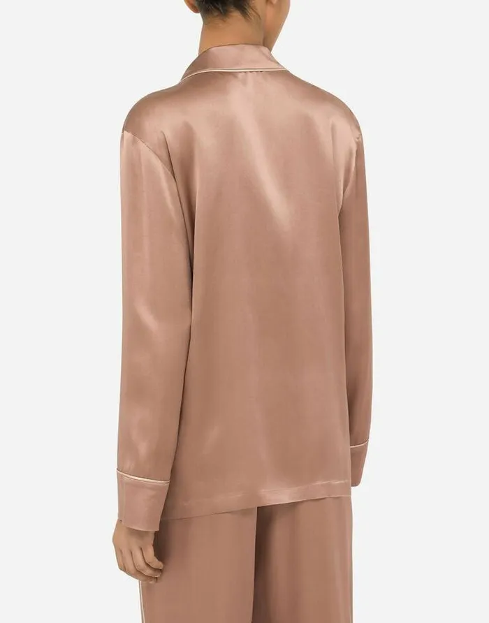 Dolce and Gabbana Shirts And Tops Women Satin Pajama Shirt With DG Embroidery Brown Dolce and Gabbana Shirts And Tops Women Satin Pajama Shirt With DG Embroidery Brown