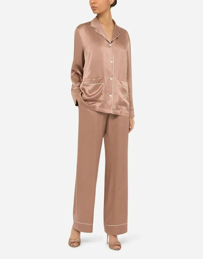 Dolce and Gabbana Shirts And Tops Women Satin Pajama Shirt With DG Embroidery Brown Dolce and Gabbana Shirts And Tops Women Satin Pajama Shirt With DG Embroidery Brown