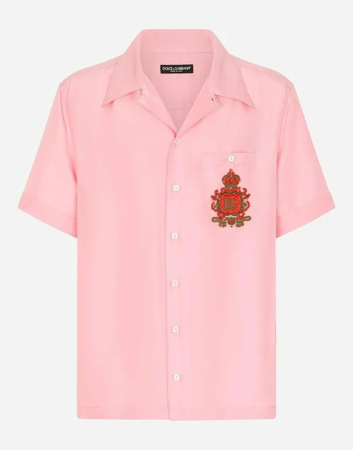 Dolce and Gabbana Shirts Men Coralprint Silk Hawaiian Shirt With Patch Pink