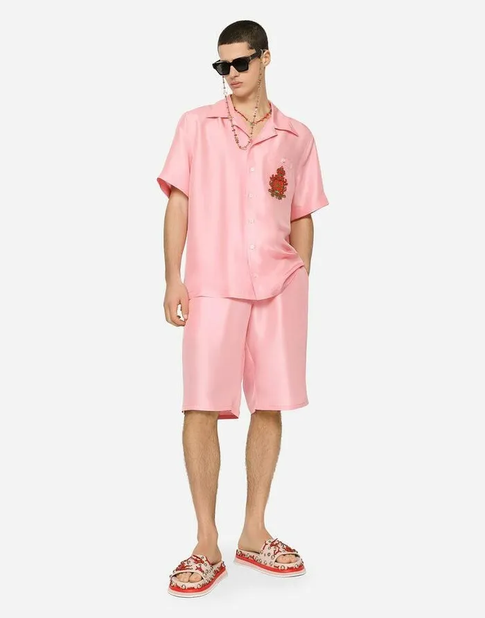 Dolce and Gabbana Shirts Men Coralprint Silk Hawaiian Shirt With Patch Pink Dolce and Gabbana Shirts Men Coralprint Silk Hawaiian Shirt With Patch Pink