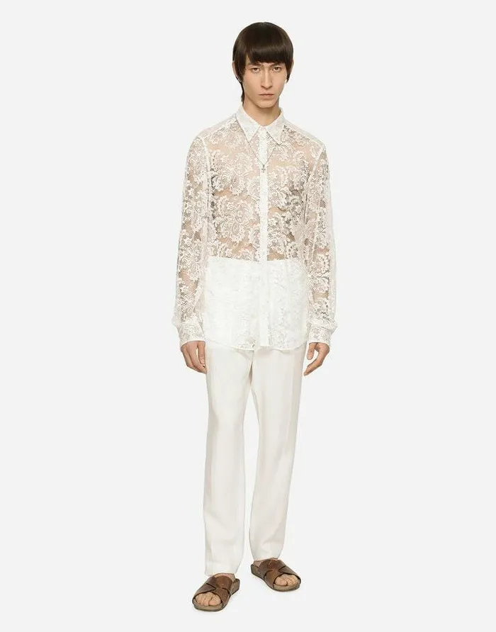 Dolce and Gabbana Shirts Men Lace Martinifit Shirt White Dolce and Gabbana Shirts Men Lace Martinifit Shirt White