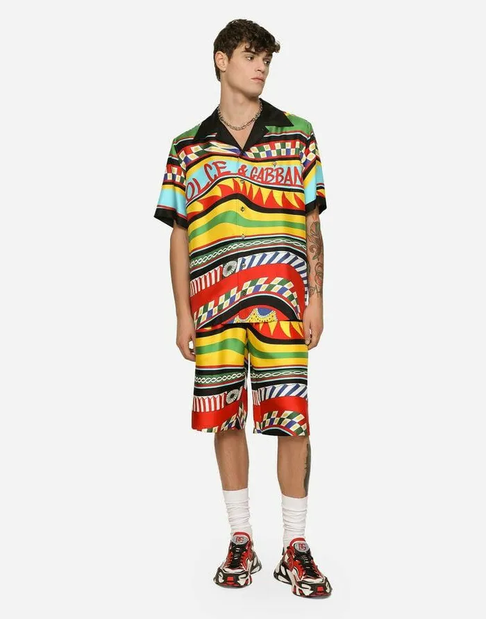 Dolce and Gabbana Shirts Men Silk Twill Hawaiian Shirt With Carretto Print Multicolor Dolce and Gabbana Shirts Men Silk Twill Hawaiian Shirt With Carretto Print Multicolor