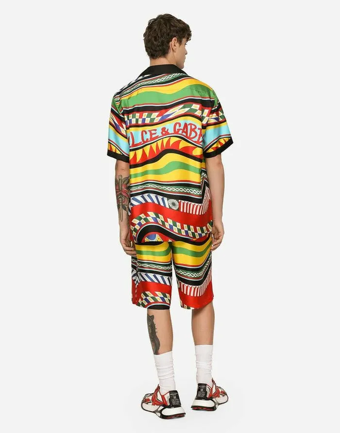 Dolce and Gabbana Shirts Men Silk Twill Hawaiian Shirt With Carretto Print Multicolor Dolce and Gabbana Shirts Men Silk Twill Hawaiian Shirt With Carretto Print Multicolor