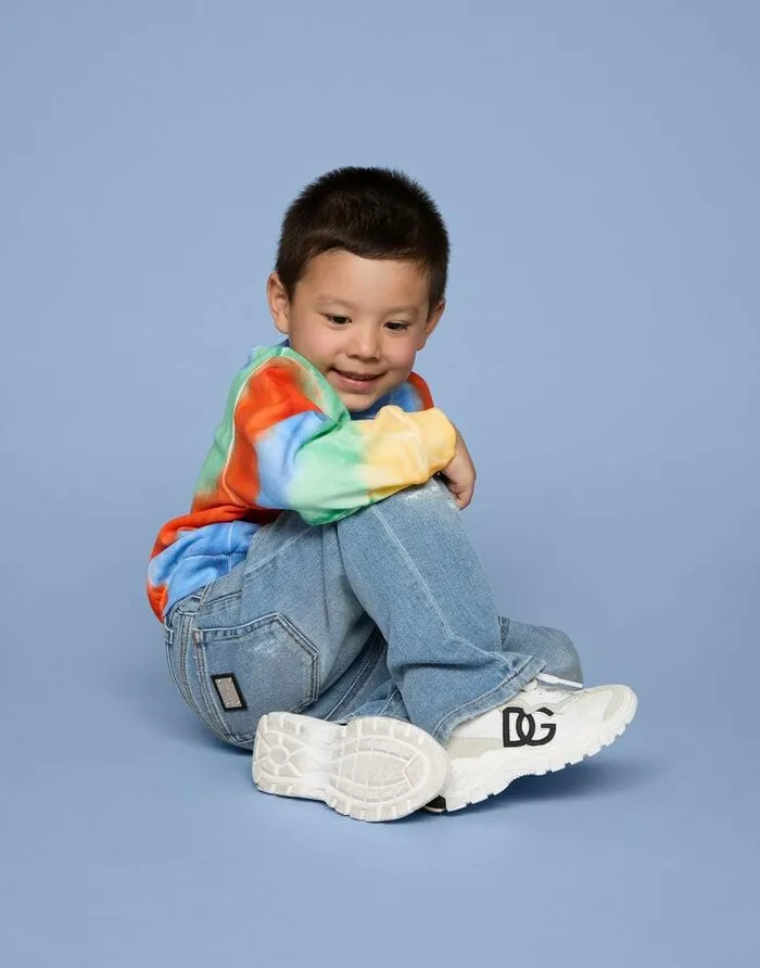 Dolce and Gabbana Shoes 2438 Children Nylon And Leather Daymaster Sneakers With DG Logo White Dolce and Gabbana Shoes 2438 Children Nylon And Leather Daymaster Sneakers With DG Logo White