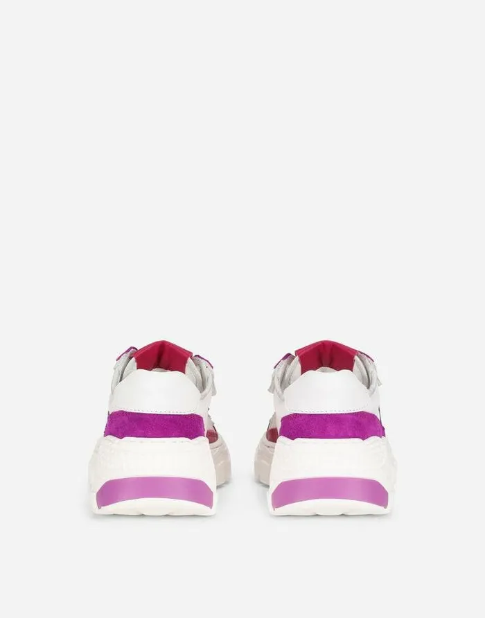 Dolce and Gabbana Shoes 2438 Children Nylon And Leather Daymaster Sneakers With DG Logo Whitefuchsia