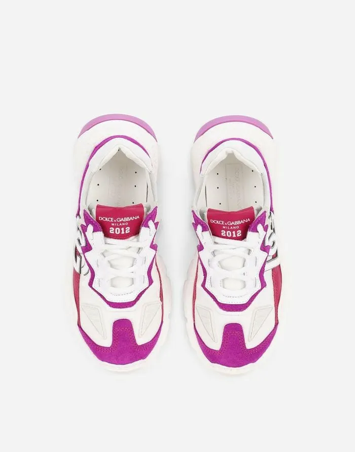 Dolce and Gabbana Shoes 2438 Children Nylon And Leather Daymaster Sneakers With DG Logo Whitefuchsia