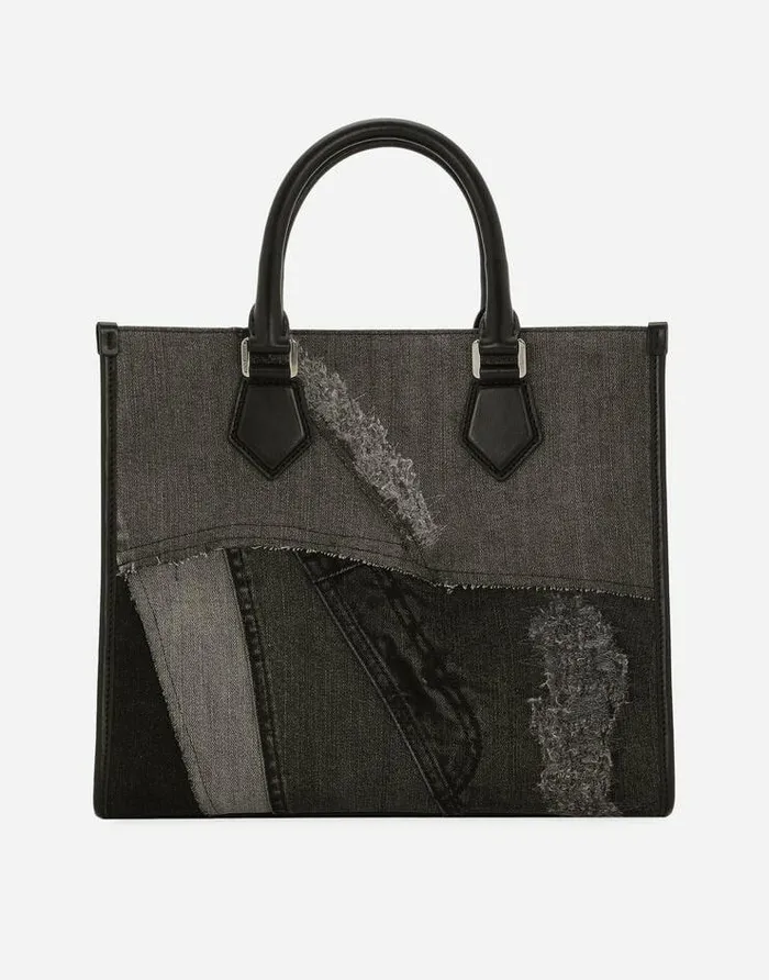 Dolce and Gabbana Shoppers Men Small Patchwork Denim Shopper Black Dolce and Gabbana Shoppers Men Small Patchwork Denim Shopper Black