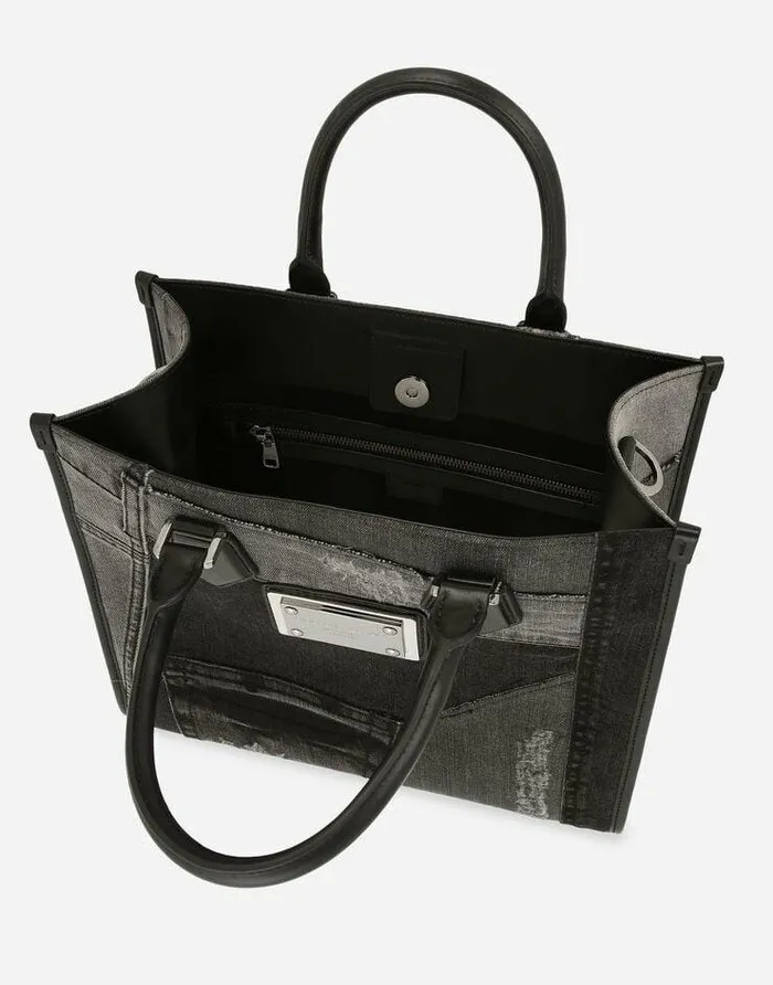 Dolce and Gabbana Shoppers Men Small Patchwork Denim Shopper Black Dolce and Gabbana Shoppers Men Small Patchwork Denim Shopper Black