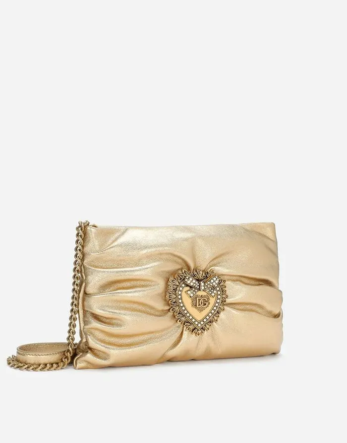 Dolce and Gabbana Shoulder And Crossbody Bags Women Small Foiled Calfskin Devotion Soft Bag Gold Dolce and Gabbana Shoulder And Crossbody Bags Women Small Foiled Calfskin Devotion Soft Bag Gold