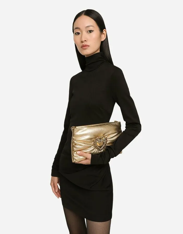 Dolce and Gabbana Shoulder And Crossbody Bags Women Small Foiled Calfskin Devotion Soft Bag Gold Dolce and Gabbana Shoulder And Crossbody Bags Women Small Foiled Calfskin Devotion Soft Bag Gold